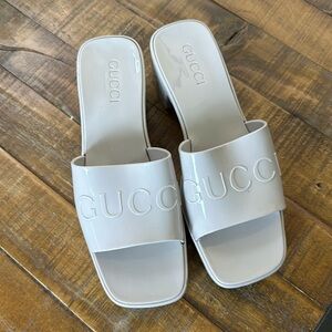 Beige Gucci Rubber Heeled Slides